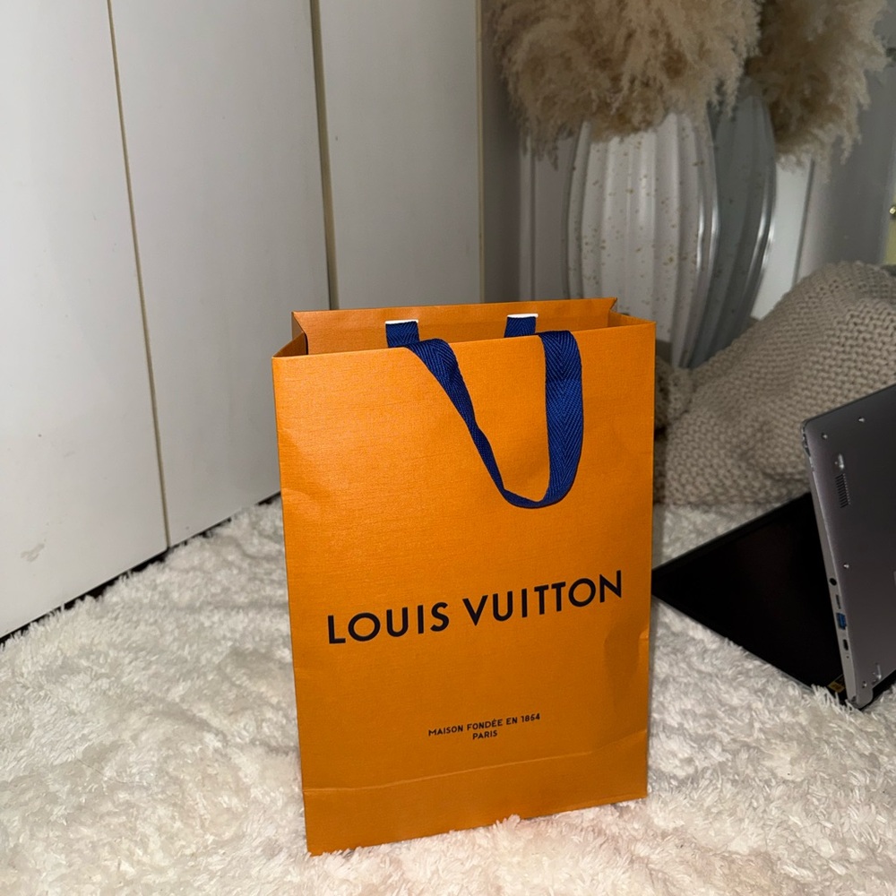 Louis Vuitton Orange Shopping Bag with Blue Ribbon Handles